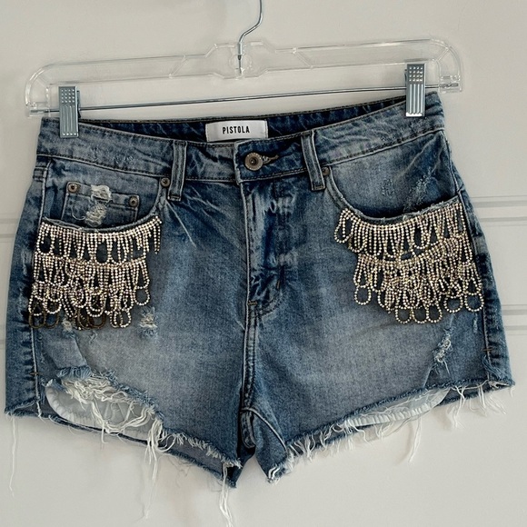 Pistola Winston High Rise Crystal Denim Cut Offs Distressed Sparkle Size 27 - Picture 2 of 10